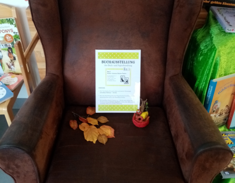 gemütlicher Lesesessel im KG Brunngasse mit KuLI-Ausstellungsschild